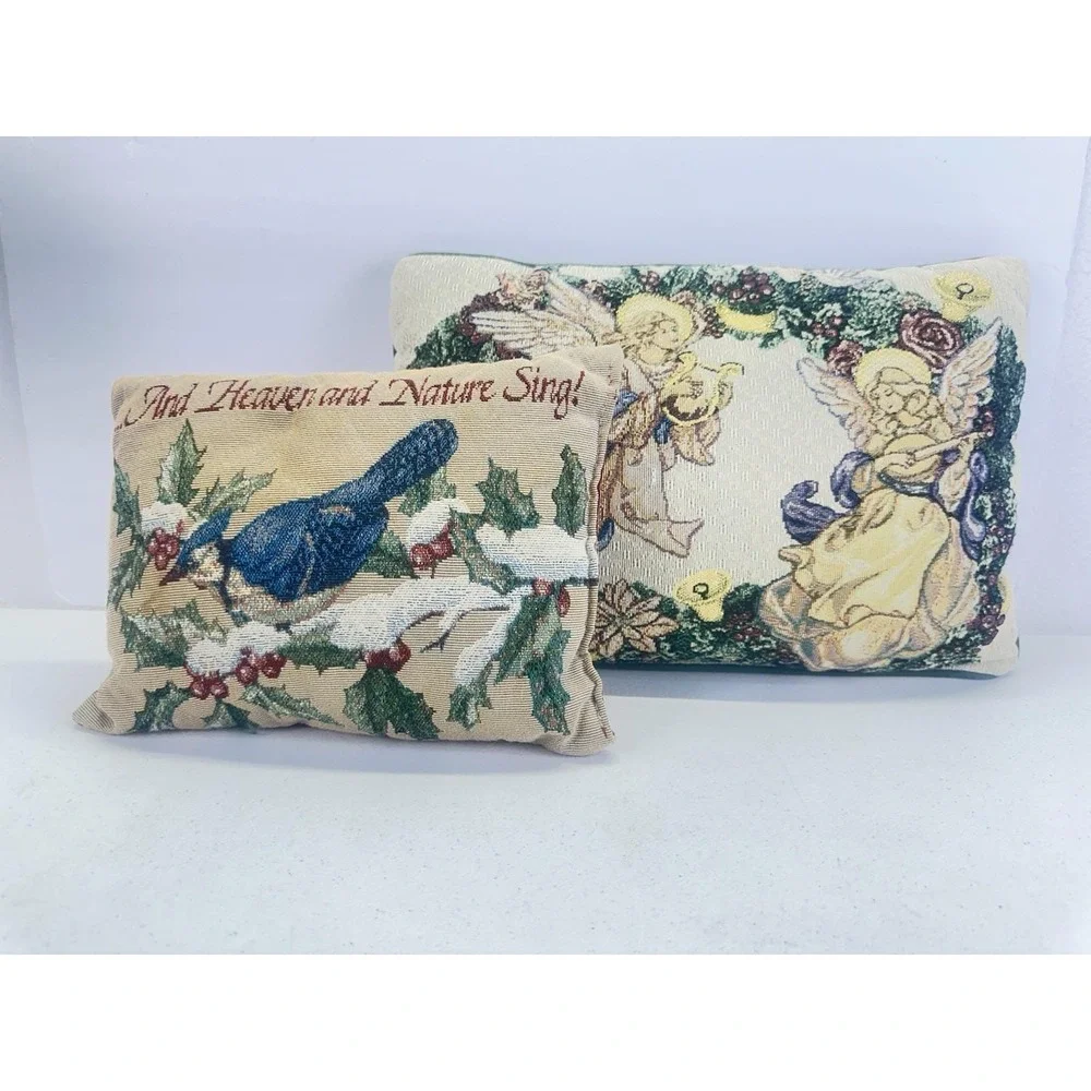 Vintage Christmas Tapestry Pillows Lot 2 Angels Bird Heaven Nature Sing Holiday